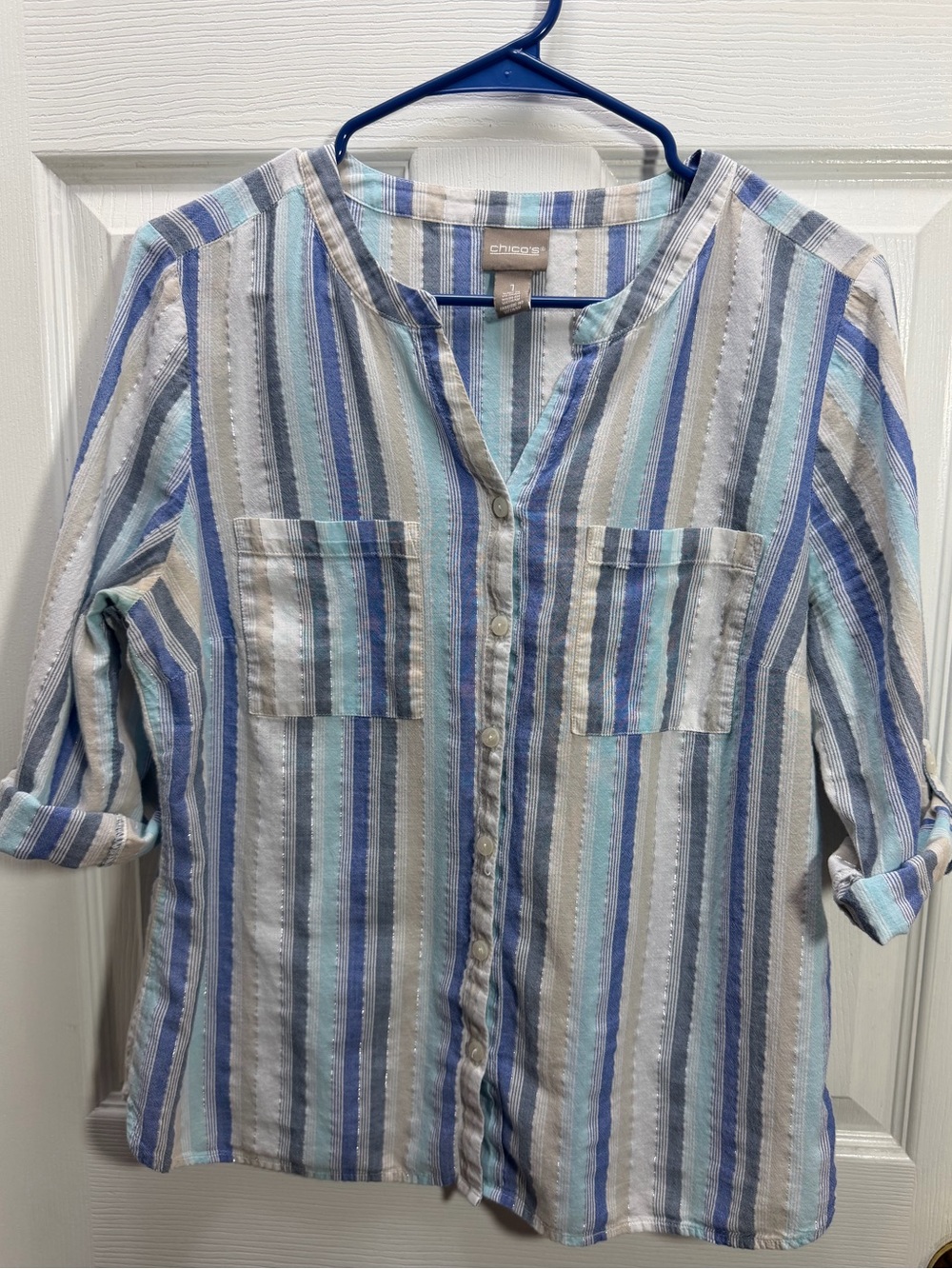 Chico's Vertical Striped Button-Front Tunic in Blue, Aqua, Gray, Cream